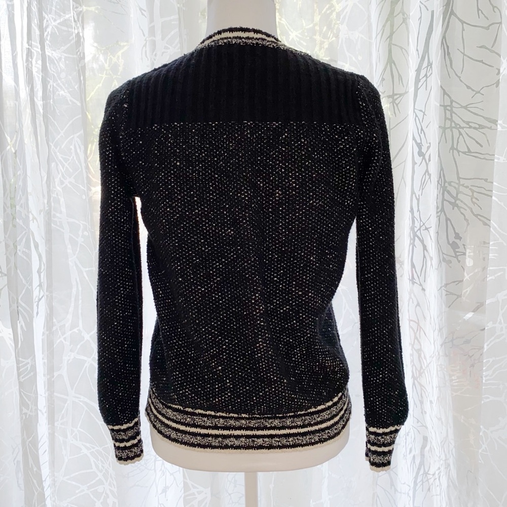 MAJE FIERE black knit white stripe trim crewneck zipper shoulder detail sweater - Picture 4 of 12